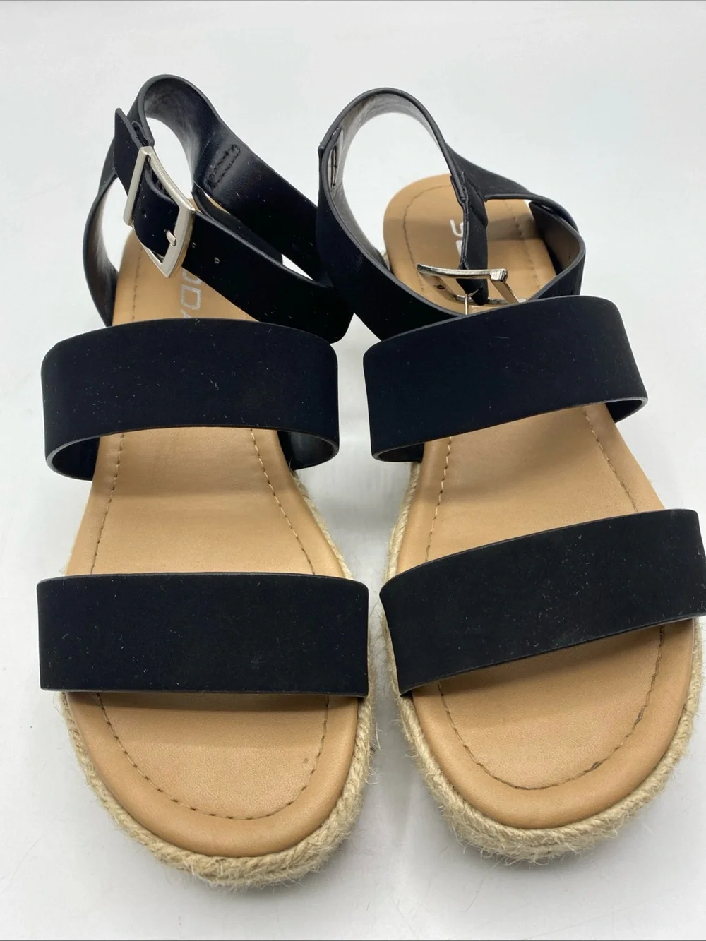 Espadrille Elevated Sandals Natural Woven Black Strap Summer Shoe 6 Soda